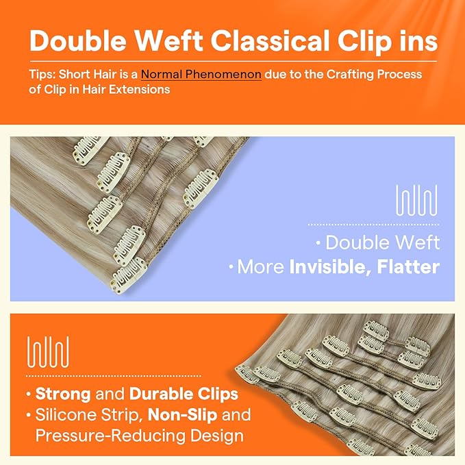 Full Shine Blonde Highlight Clip in Hair Extensions Blonde Hair Extensions Clip in Human Hair Balayage Human Hair Extension for Women for Long Hair 7 Pcs 22 Inch 120 G