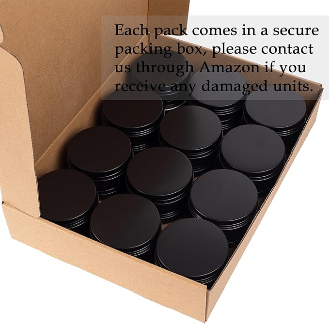 24 Pack 4oz Screw Top Aluminum Tin Jars with Screw Lids and Blank Labels - Refillable 120ml Metal Containers for Lip Balms, Candles, Salves, Spices, Crafts (Black)
