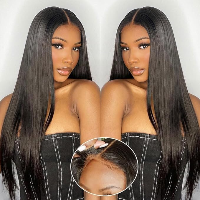 5x5 HD Straight Lace Closure Wigs Human Hair Wear and Go Glueless Wigs Human Hair Pre Plucked Pre Cut with Baby Hair 180 Density Straight Transparent Lace Front Wigs For Women 28 Inch