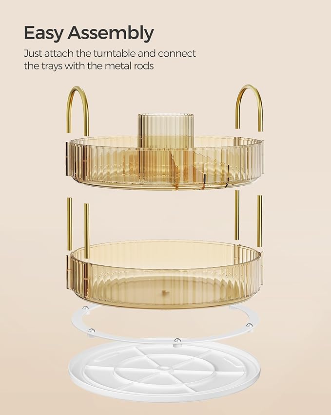 SONGMICS Makeup Organizer, 2-Tier Round Rotating Skincare Organizer Countertop, Customizable, Toiletries Vanity Organizer, Lazy Susan, Gift for Mom, Champagne Gold UJKA012A01