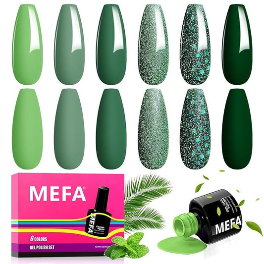 MEFA Green Gel Nail Polish, 6 Colors Green Glitter Nail Polish Gel Dark Avocado Sage Evergreen Sparkle nail Polish Set Soak Off Nail Art DIY Salon Manicure Nail Art Gifts for Women