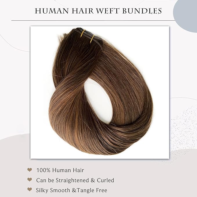 Sew in Hair Extensions Real Human Hair, Weft Hair Extensions Human Hair Bundles Balayage Dark Brown to Light Brown Sew in Hair Extensions 14 Inch 80G Hand Tied Weft Hair Extensions Human Hair