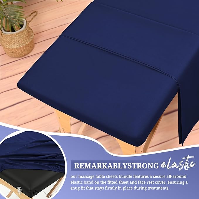 18Pcs 6 Sets Massage Table Sheets Set 3 Piece Set Includes Massage Bed Sheets, Massage Bed Cover Massage Face Rest Cover, Spa Bed Cover Massage Sheets Sets for Beauty Salon and Home Spa (Navy Blue)