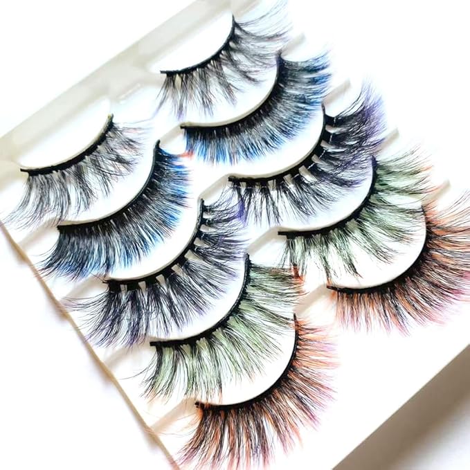 Ombre Colored Silk Protein Fluffy Wispy Volume False Eyelashes for Halloweens, Cosplay, Party & Stage - 5 Pairs (Black, 5 Count)