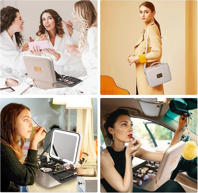 Mocado Travel Makeup Bag with LED Lighted Mirror,Makeup Case with 3 Color Lighted Setting and 10x Magnifying Mirror, Portable Storage and Adjustable Dividers (White with Hard Leather)