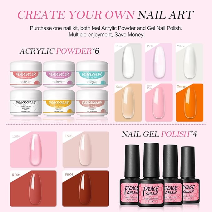 Acrylic Nail Kit for Beginners with Everything 6 Colors Acrylic Powder 4PC Gel Polish 24PC Glitter Powders Professional Nails Kit AcrylicSet with Drill Nail Lamp Manicure for women
