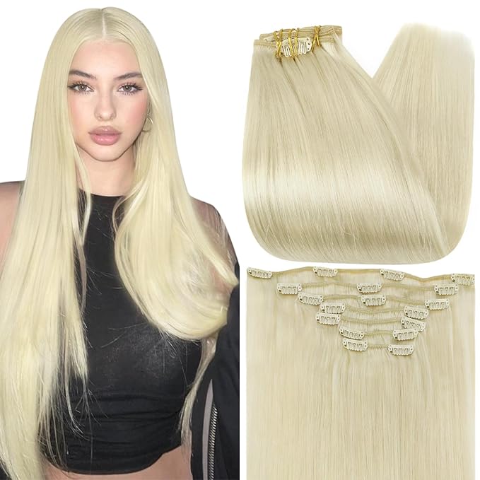 Full Shine Blonde Clip in Hair Extensions Blonde Real Hair Extensions Clip in Human Hair Straight Invisible Clip in Extensions Remy Hair 18 Inch 7 Pcs 120 G