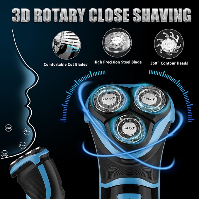 MAX-T Electric Shaver for Men, Cordless Electric Razor with Travel Case, Wet & Dry Use Men's Razor with Pop-Up Trimmer, 3D Rechargeable IPX7 Waterproof Rotary Shaver