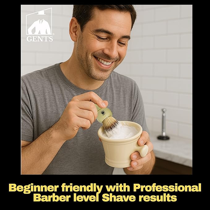 G.B.S Heavy Duty Ceramic Shaving Set – Ivory Mug with Knob Handle, Faux Ivory Handle Brush, 3 oz Natural Long-Lasting Lather Soap – Classic Wet Shaving Kit for Men