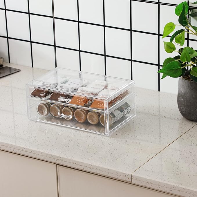 Cq acrylic 2 Pack Clear Acrylic Drawer Organizer Countertop,Stackable 5 Drawers Makeup Storage,Cute Cube Make Up Organizer for Dresser Hair Clip,Beauty Product Desk and Bathroom Organizers and Storage