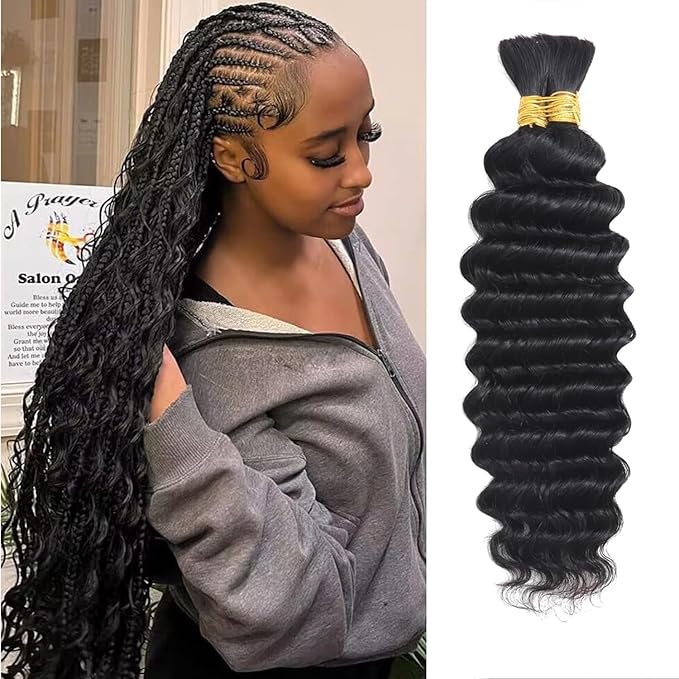 Human Braiding Hair for Boho Braids Deep Wave Bulk Human Hair for Braiding 12A No Weft Curly Human Hair Extensions Wet and Wavy Boho Hair for Braiding 2 Bundles/Pack Natural Color (22 Inch)