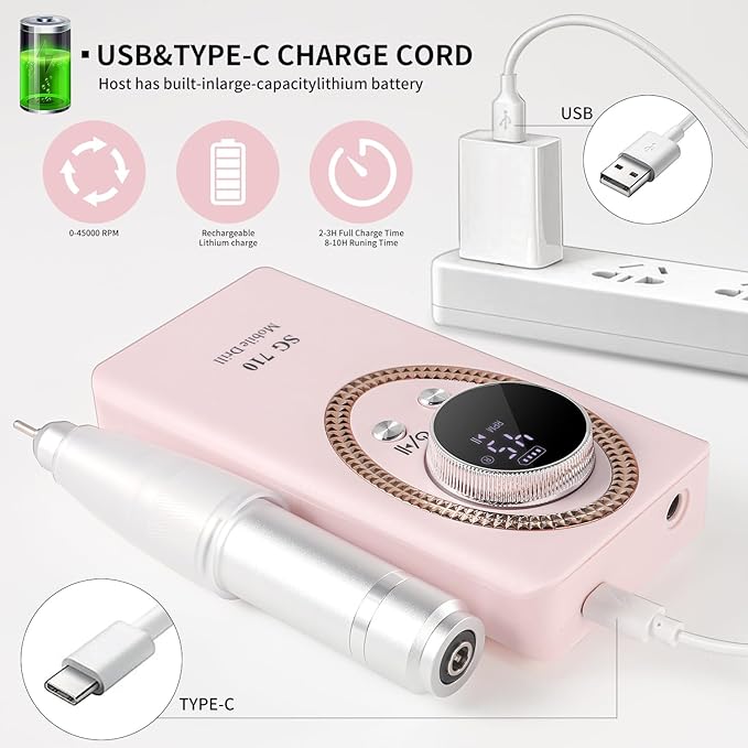 LimeGirl Electric Nail Drill Professional for Acrylic Nail Kit, Portable Electric Manicure Pedicure Polishing Set with 13 in 1 Nail Drill Bits Kit, 2024 Upgraded Electric Nail File 45000RPM (Pink)