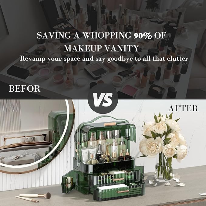 LINFIDITE Cosmetics Storage Box Transparent Lid Large Makeup Organizer Box Drawers Portable Handle Waterproof Dustproof Skincare Display Cases for Countertop, Bathroom, Dresser,Gift Clear Green