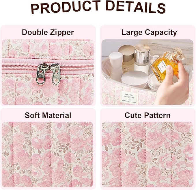 3Pcs Makeup Bag Cotton Quilted Travel Cosmetic Bag Cute Floral Makeup Pouch Large Toiletry Bag for Women Girls (Flowers-Pink3)