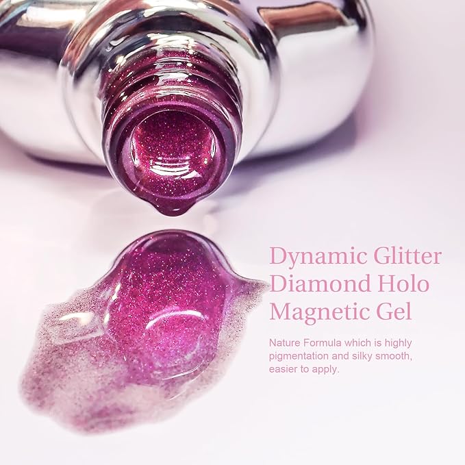 Cat Eye Gel Nail Polish with Magnet Stick, 15ml Glitter Holographic Nail Polish, Magnetic Effect Gel for Home DIY Manicure Gift, Exotic Berry