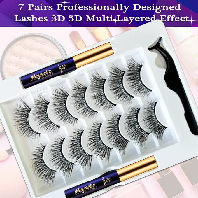 DUOERLA Magnetic Eyelashes with Eyeliner Kit -7 Pairs Wispy Cat-Eye Magnetic Lashes Natural Looking - Upgraded Long Lasting,Reusable,Cruelty Free&Vegan,Easy 3D Fake Eyelashes with Applicator.