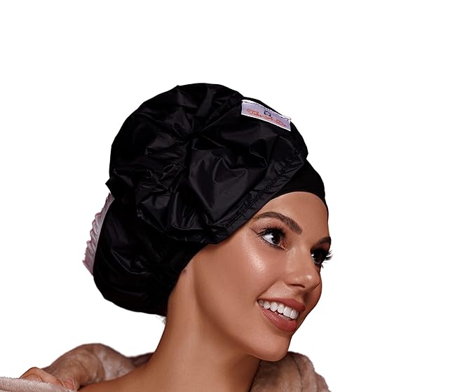 Luxury Waterproof Shower Cap - Innovative Open-Ended Design - Black