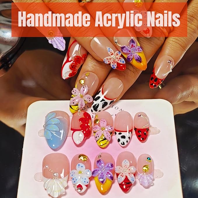 Handmade Acrylic Press On Nails Almond, 3D Press On Nails Medium, Flower 3D Red Nails French Tip Preal Shell Leopard For Women Gift, Reusable Stick On Fake Nails Kit With Nail Glue(Lush Garden-M)
