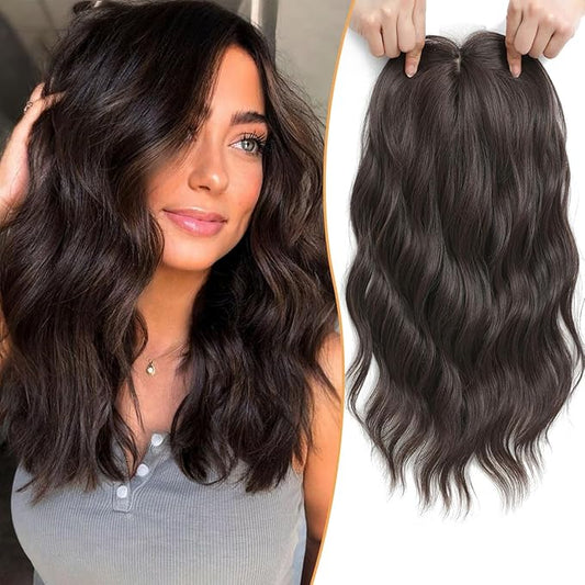 PANEWAY Hair Topper 16Inch Hair Toppers For Women Wavy Curly Soft Brown Clip In Hair Topper Add Hair Volume Synthetic Wiglets Hair Pieces For Women