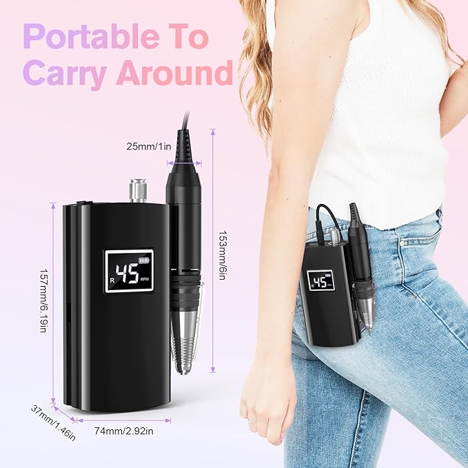 Beloving Portable Nail Drill Professional, 45000RPM Rechargeable Nail Drill Electric File Machine for Acrylic Gel Polish Remover, Cordless Nail Kit for Manicure Pedicure with 11 Bits for Salon Home