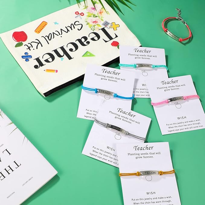 48 Pieces Teacher Appreciation Present Set, 24 Pieces Teacher Survival Kit Makeup Bag Pouch, 24 Pieces Teacher Blessing Card Bracelet, Teacher Cosmetic Bag Kit for Graduation Party