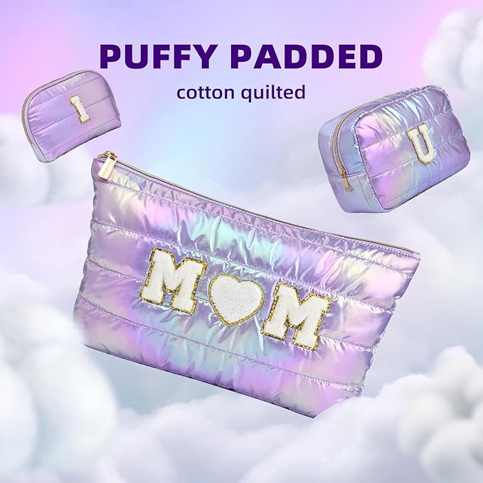 Hiroyuki 3pcs Iridescent Quilted Makeup Bag (ILOVEUMOM, purple)