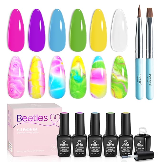 Beetles Gel Nail Polish with Blooming Gel, 5 Colors Pink Green Blue Purple Yellow Nail Polish Clear Blooming Polish for Spreading Effect with 2 Nail Art Brushes Nail Art Set for Women