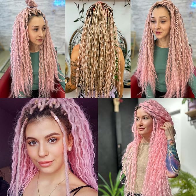 Single Ended Wavy Dreadlock Extensions,24 Inch 30 Strands Ombre Pink Dreads Set Synthetic Curly Hippie Style Dreads Handmade Dreads Extensions