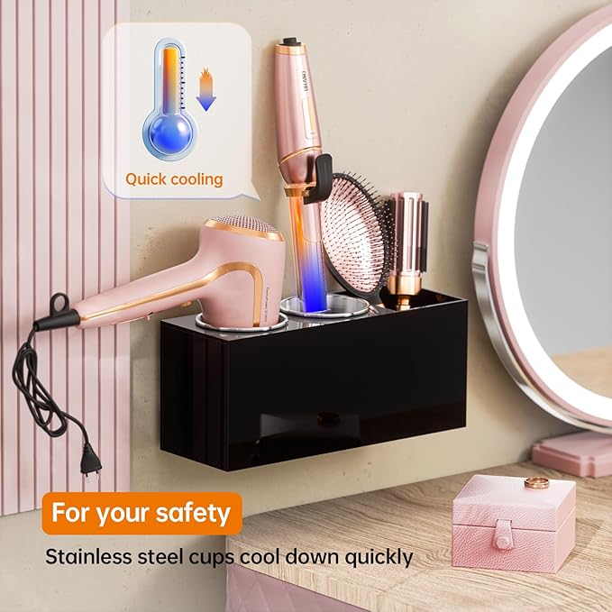 Hair Tool Organizer Acrylic: Hair Dryer Holder Wall Mount - Blow Dryer Holder Cabinet Door - Bathroom Countertop Organizer for Curling Iron Hot Styling Tools Flat Iron - Black
