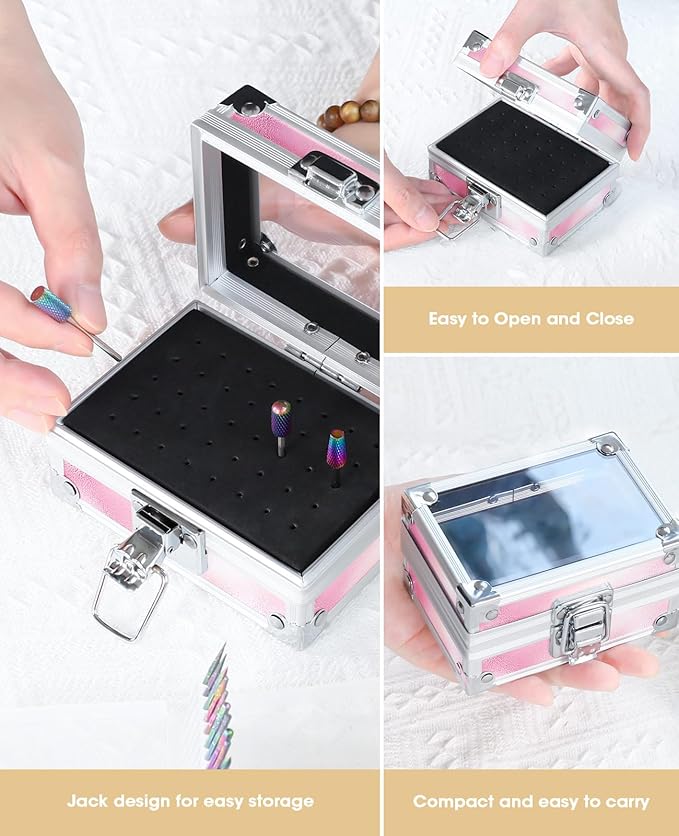 Onism 30Pcs Nail Drill Bits Set - 3/32 Inch Tungsten Carbide Ceramic Nail Bits Kit with Nail Tool Box & Sanding Bands, Professional Manicure Pedicure Remover for Acrylic Gel Nail Polish, Pink
