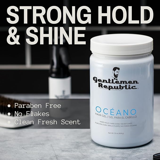 Gentlemen Republic Oceano Men's Hair Gel 32oz - Strong Touchable Hold and High Shine Styling Gel for Hair, 100% Alcohol-Free Professional Formula with Fresh Scent, Mens Hair Product Made in USA