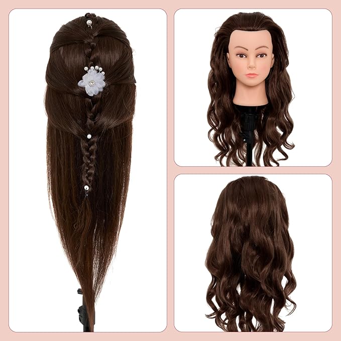 28Inch 60% Real Hair Mannequin Head,Doll Head for Hair Styling Braiding Curling,Cosmetology Mannequin Head with Hair with Table Clamp Hair Styling Set(Dark Brown)