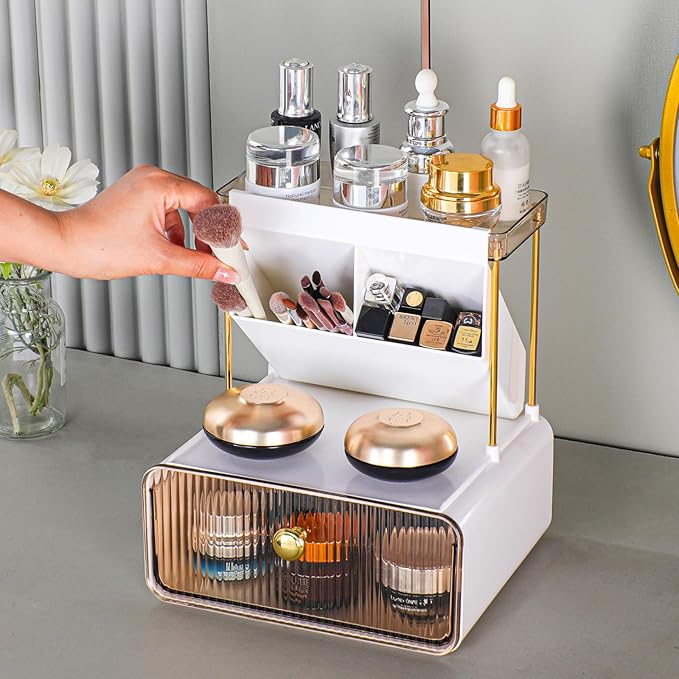 Makeup Organizer with Drawer, Bathroom Organizers and Storage，Makeup Brush Holder,Lipstick and Perfume Organizer,Cosmetic and Vanity Organizer,Desk Organizer (AMBER)