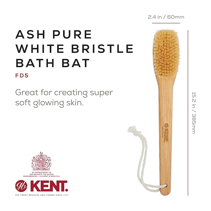 Kent FD5 Beechwood Wood Long Handle Shower Bath Body Brush. for Skin Exfoliate and Massage. 100% Boar Bristles. Best Back Body, Foot and Leg Scrubber Brushing for Wet and Dry Body. Made in England