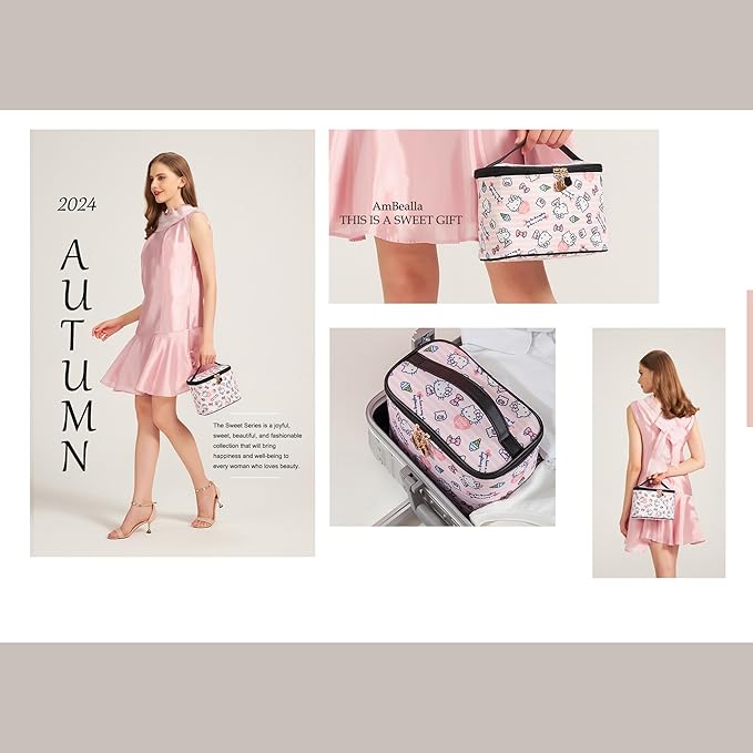 AmBealla Cosmetic Bag Large Makeup Bags Pink Travel Case with Makeup Brush Holder,Cosmetic Organizer for Women, Toiletry Bag for Skincare & Beauty Tools Sweet Cute for Girls