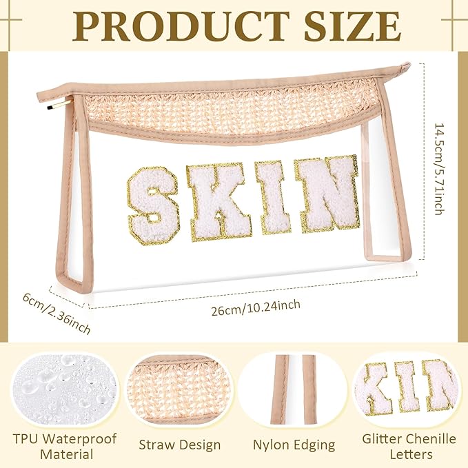 Sanwuta 4 Pieces Preppy Patch Makeup Bag Skin Face Sun Stuff Bag Chenille Letter Clear Straw Cosmetic Bag Waterproof Nylon Toiletry Bag Portable Travel Organizer Zipper Transparent for Women