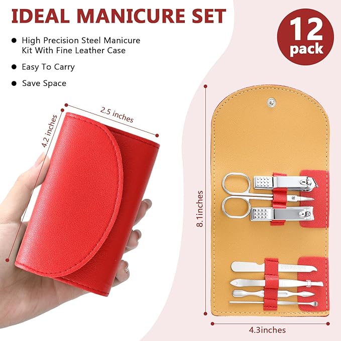 12 Set Manicure Set Bulk Mini Manicure Nail Clipper Kit 7 in 1 Stainless Steel Professional Nail Care Pedicure with Travel Portable Bag Grooming Kits for Women Men Home(Red)