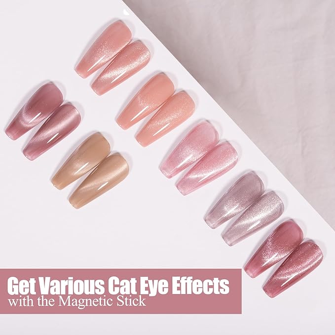 Adhere 7Pcs 12ML Cat Eye Soak Off UV LED Gel Nail Polish Set, Reflective Glitter Cat Eye, Sparkling Diamond Magnetic Transparent Pink Color with Magnet