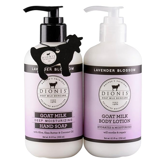 Dionis Goat Milk Skincare Lavender Blossom Body Lotion & Hand Soap Gift Bundle - Lavender Scented Cream & Concentrated Liquid Soap Gently Clean, Moisturize & Nourish Dry Hands, 8.5 oz Pump Bottles