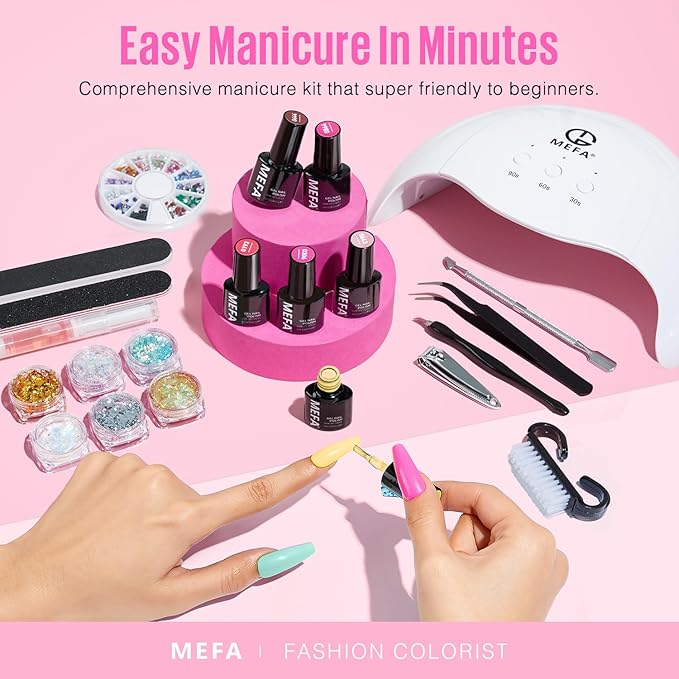 MEFA 32 Colors Gel Nail Polish Kit with U V Light, Spring Gel Nail Kit Pastel Pink Blue Glitter Gel Nail Polish Set Manicure Tool Nail Art Decorations Gift