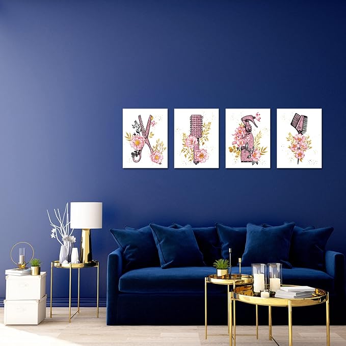 SkenoArt Beauty Salon Wall Art Haircut Tools Painting Hair Salon Barbershop Pictures Hairdresser Wall Decor Fashion Cosmetic Canvas Art Painting Gifts for Hair Stylists Woman Framed