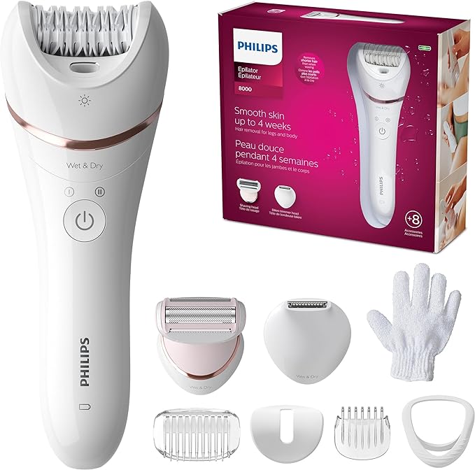 Philips Epilator Series 8000, Wet & Dry, 3-in-1 with Shaver & Trimmer Attachments for Women, 8 Accessories Included, BRE720/14