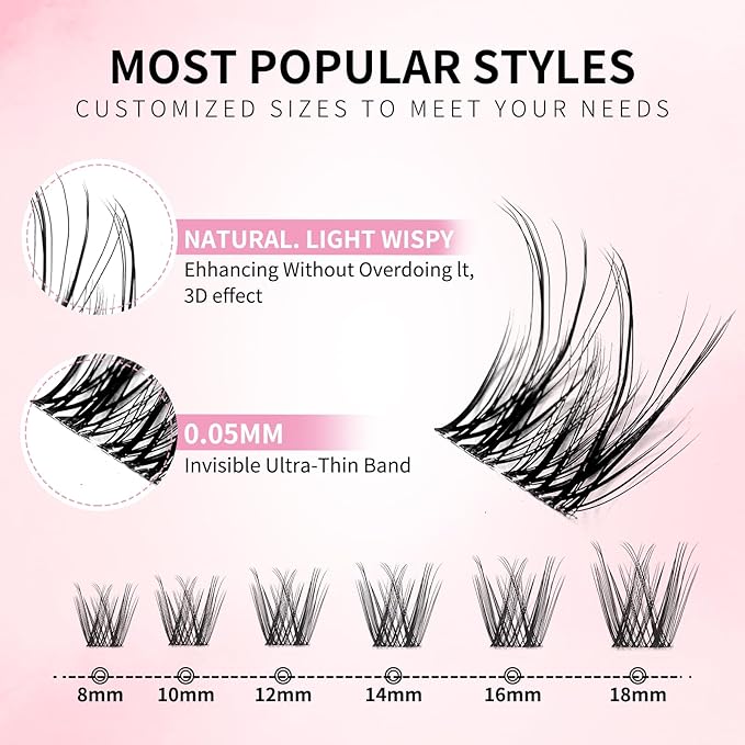 Secret Lash Clusters Natural 8-18mm Eyelash Clusters Slightly Wispy & Spike D Curl - WideSpan DIY Eyelash Extension Individual Fake Eyelashes Clusters Thin Invisible Lash Band Only Lashes