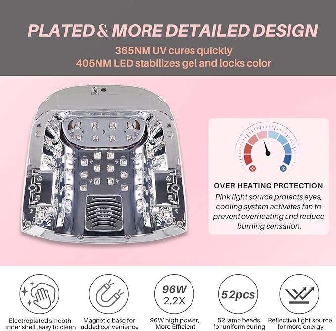 UV LED Nail Lamp,96W Rechargeable Cordless Nail Dryer, 52 Beads Quick Dry with Remote Control,4 Timers,Auto Sensor,Key Sound,Built-in Cooling Fan,Professional Gel Polish UV Light (White)