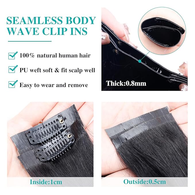 Seamless Clip In Hair Extensions Real Human Hair Invisible PU Skin Weft Body Wave Clip Ins 100% Unprocessed Brazilian Remy Human Hair Extensions 7pcs with 16Clips 110g（Natural Black,20 inch）