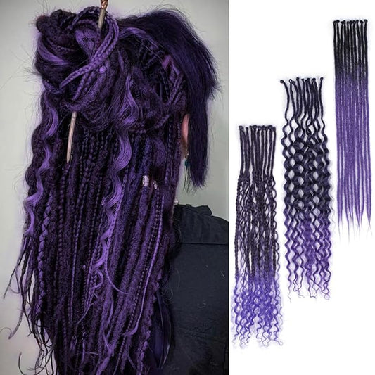 24 Inch 30 Strands SE Dreadlock Extensions Sets，3 In 1 Mixed Synthetic Dreads Extensions, Ombre Purple Straight&Curly&Boho Handmade Dreads Hippie Style Dreadlocks for Woman