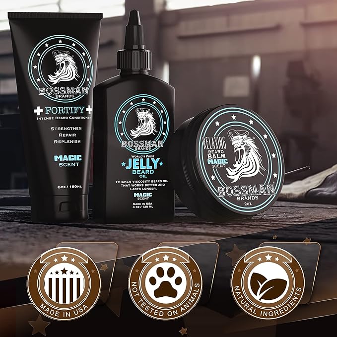 Bossman Essentials Beard Kit for Men - Beard Oil Jelly, Fortifying Conditioner Cream, Beard Balm - Grooming Growth Care Accessories (Magic)