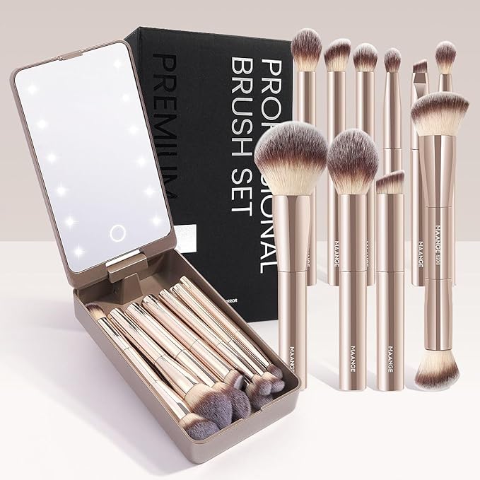 MAANGE 10 Pcs Makeup Brush Set Double-ended Kabuki Brush Travel Makeup Brushes for Foundation Powder Concealers Eye Shadows Makeup Tools Set with LED light Mirror (Gold)