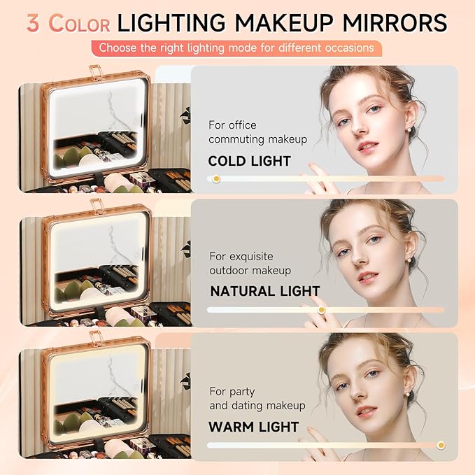 Leeora&Leekoo Makeup Box with LED Mirror & Aluminum Frame, Compact Multi-Layer Cosmetic Organizer - Portable ABS Travel Train Case for Makeup Storage(Gift for Girlfriend/Daughter) (Rose Gold)