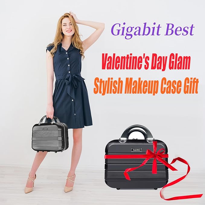 14" Portable Hard Shell Makeup Travel Case - Stylish PC+ABS Cosmetic Organizer for Women - Scratch-Resistant, Elastic Strap, Mini Suitcase - Perfect for Romantic Gifts（Midnight Black）